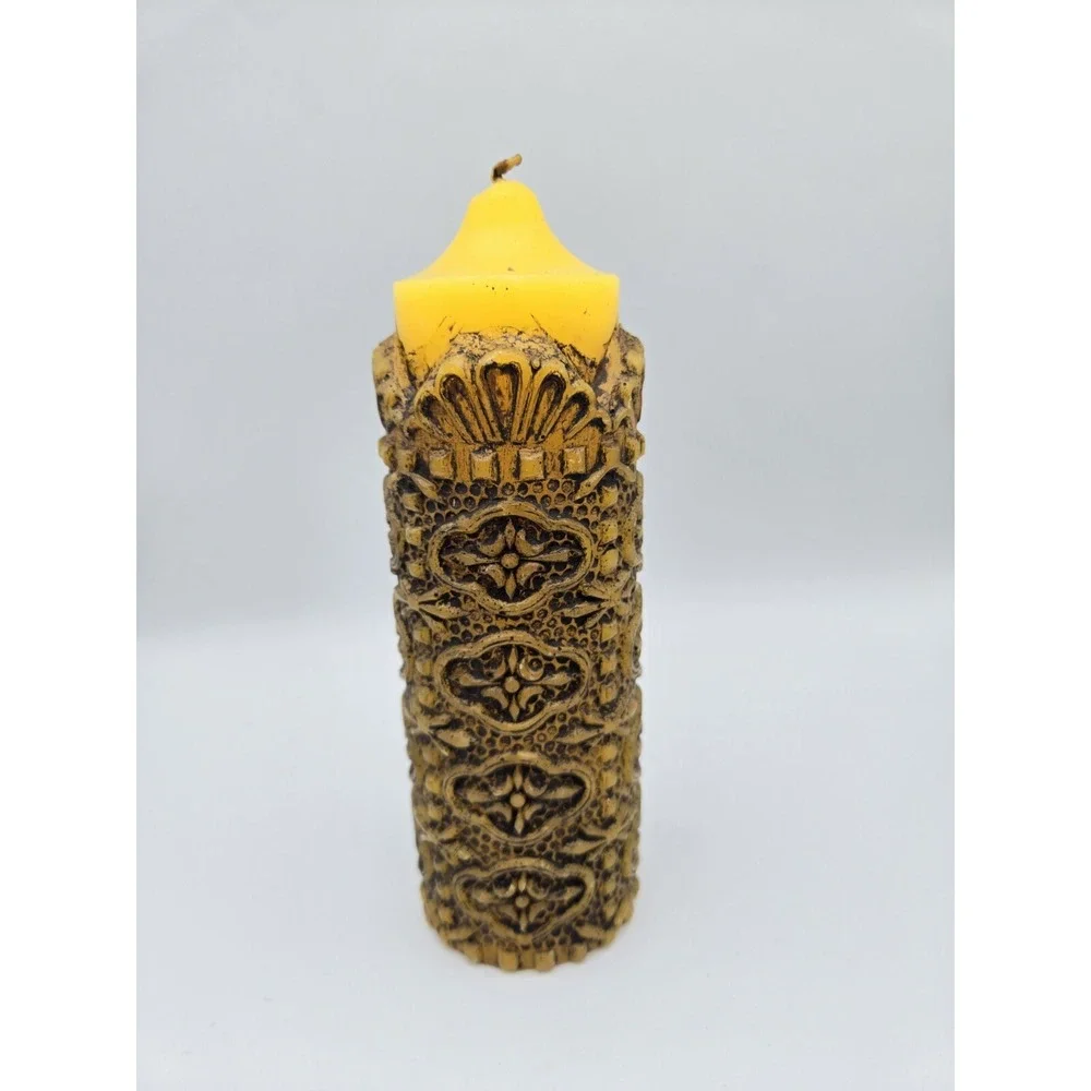 VTG 70s Pillar Candle Unscented Yellow Carved MCM Boho Hippie Retro Castle 9.75
